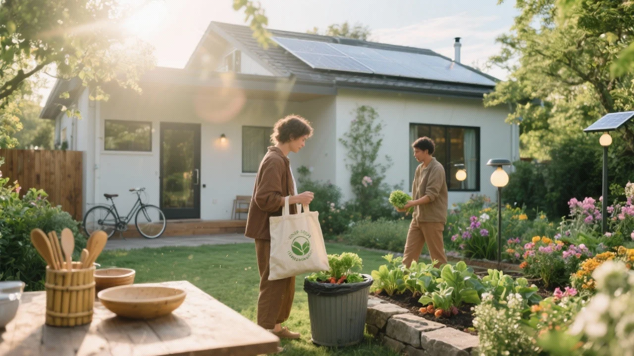 People practicing sustainable living at a solar-powered home