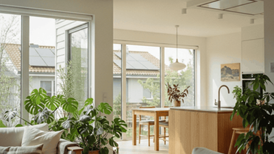 Bright sustainable home interior with indoor plants