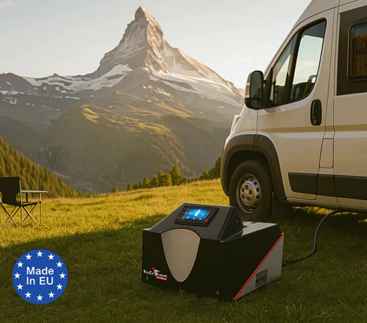 Mobile TellCo energy system beside a camper van in the Swiss Alps