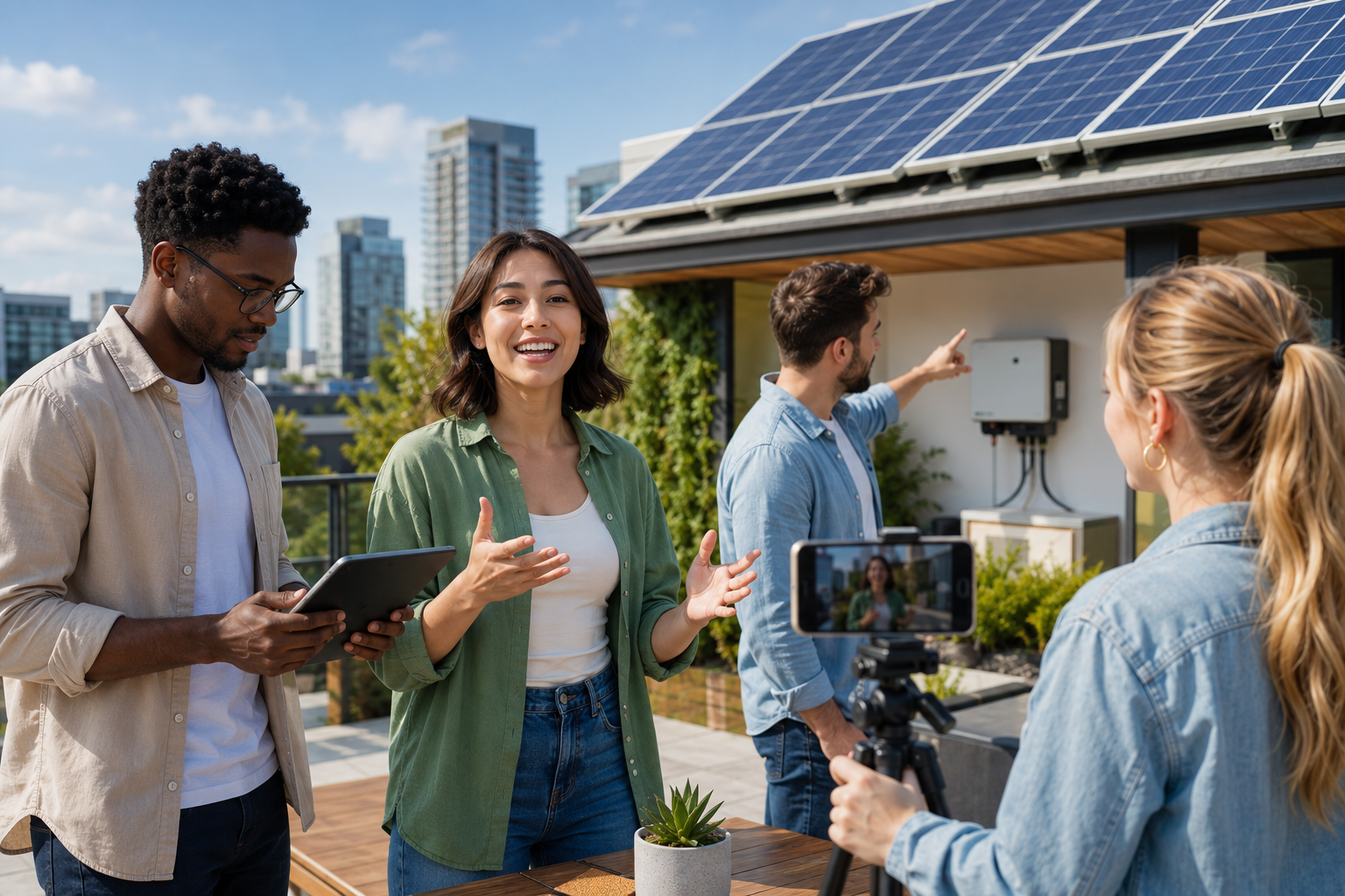 Influencer team filming clean-energy educational content