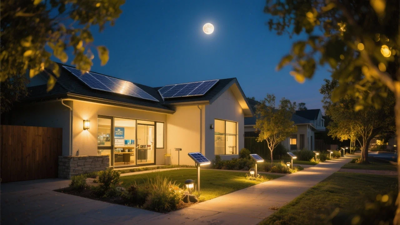 Solar-powered home and pathway lighting at night