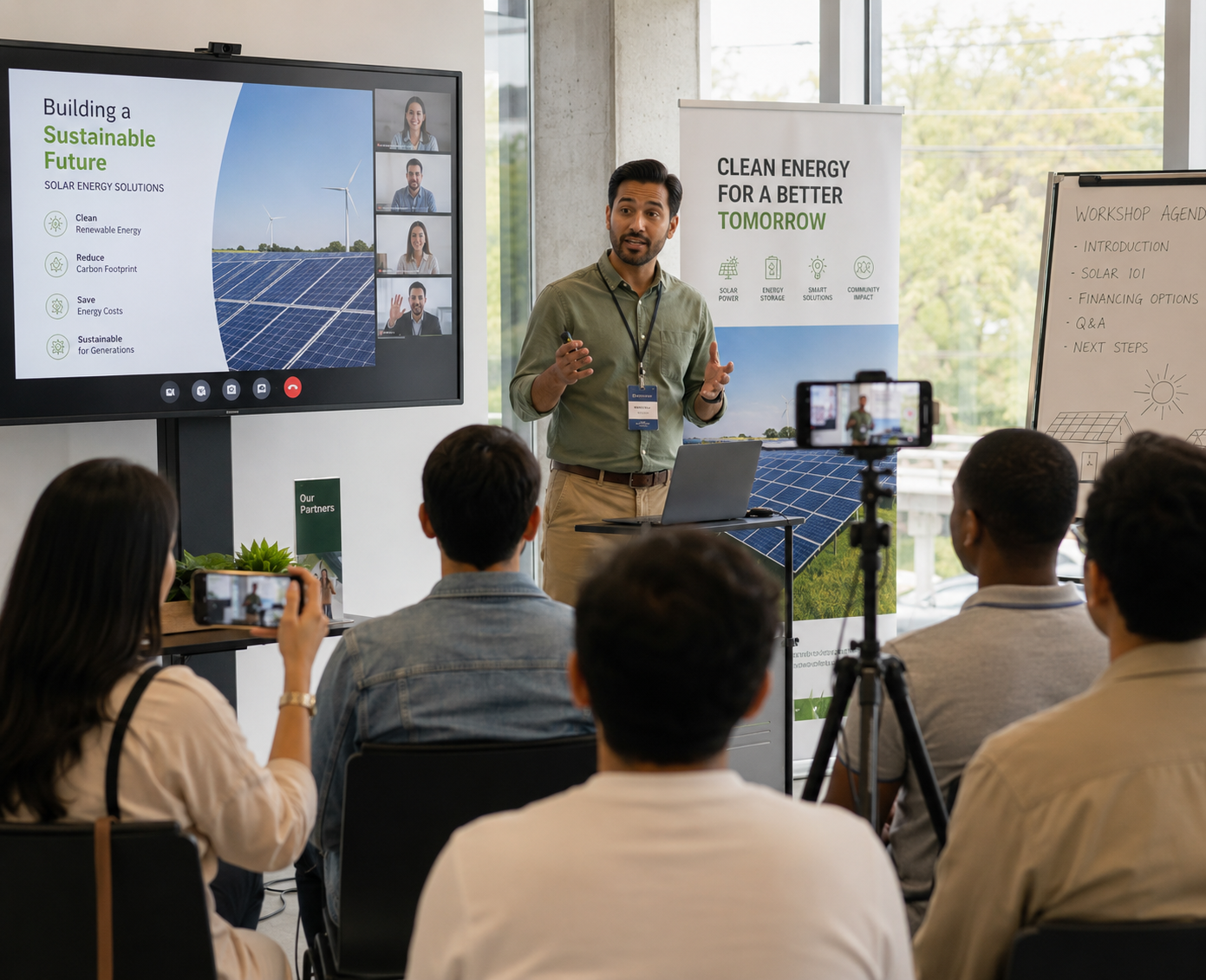 Clean-energy educator presenting a sustainability workshop to an audience