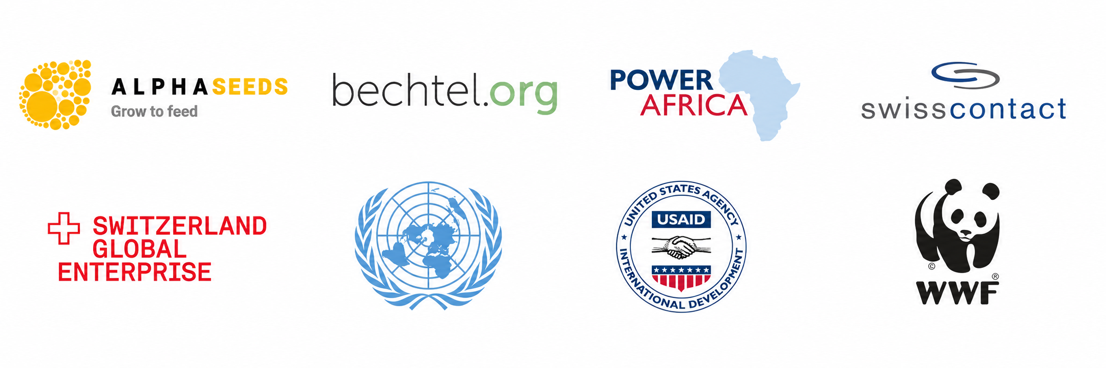 Strategic partner logos including Alpha Seeds, Bechtel, Power Africa, Swisscontact, Switzerland Global Enterprise, the United Nations, USAID and WWF