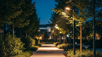 Outdoor lights illuminating a landscaped walkway