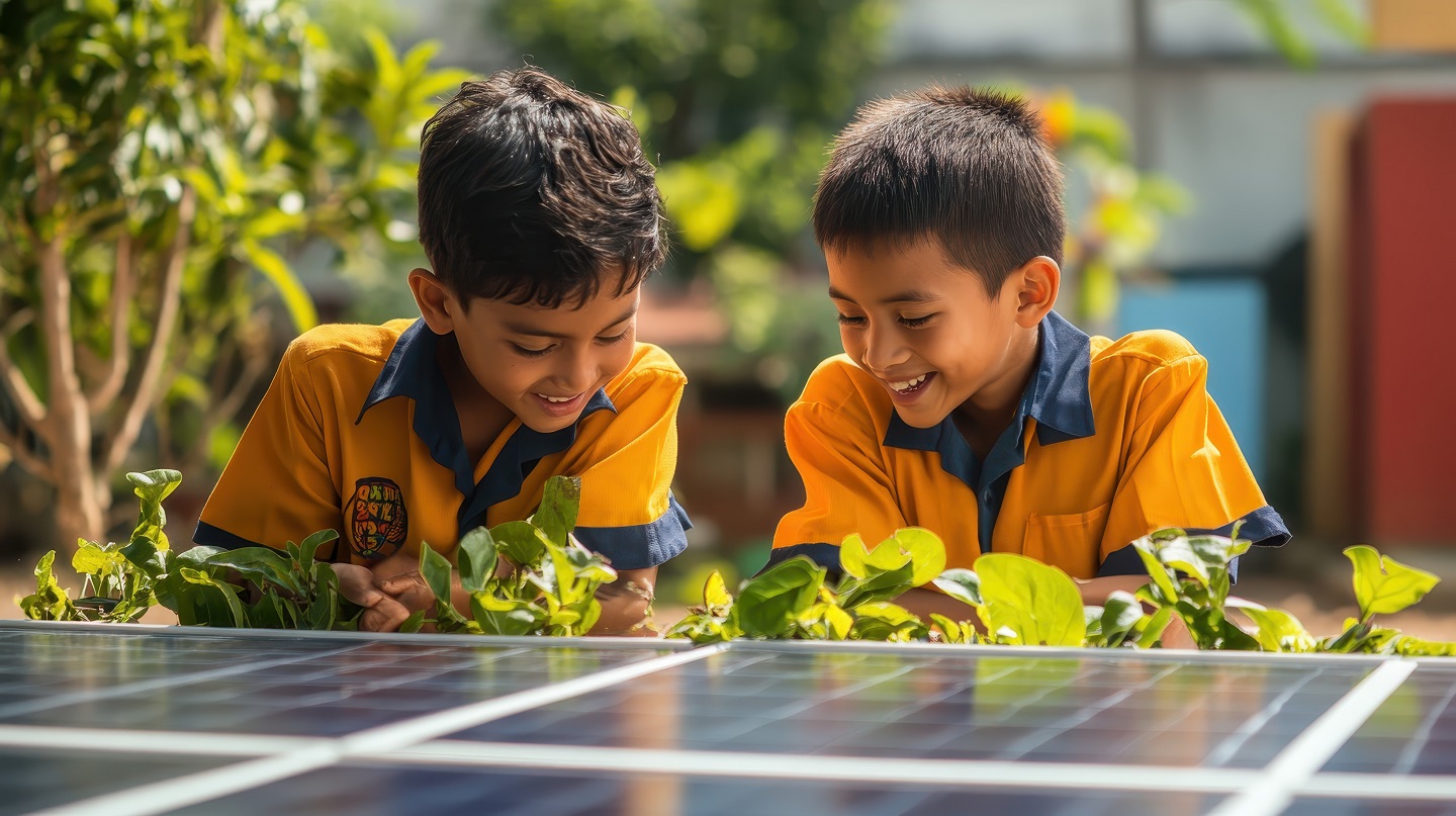 Schoolchildren learning about solar energy