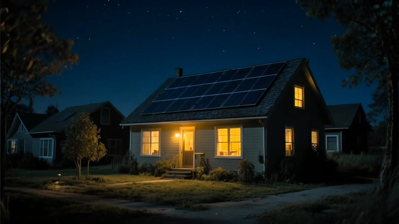 Solar-powered home illuminated at night