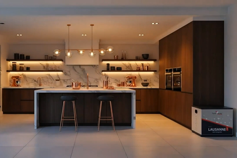Energy-efficient modern kitchen with home battery storage