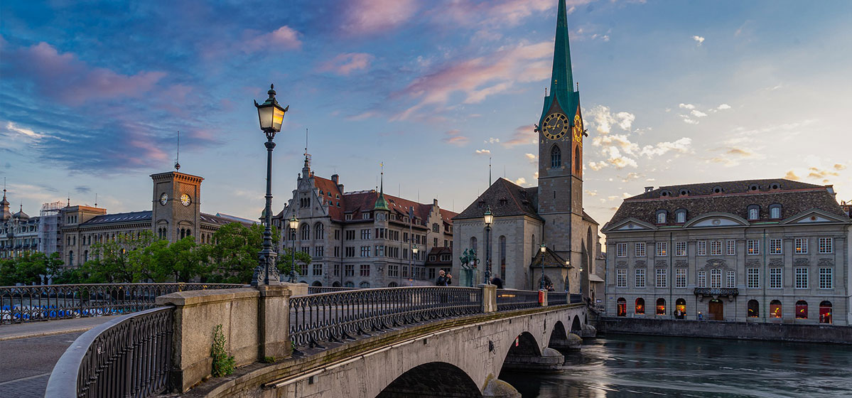 Historic Swiss cityscape beside the river